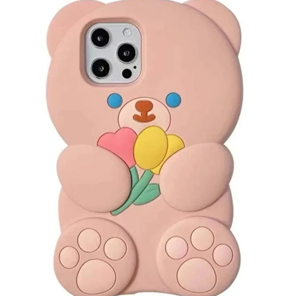 Pink Cartoon Bear Design Silicone Anti-fall Phone Case for iPhone 13 Pro Max